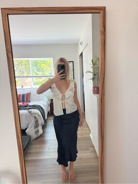 Wilfred Tie-Front Satin Top AND Babaton Navy Midi Skirt